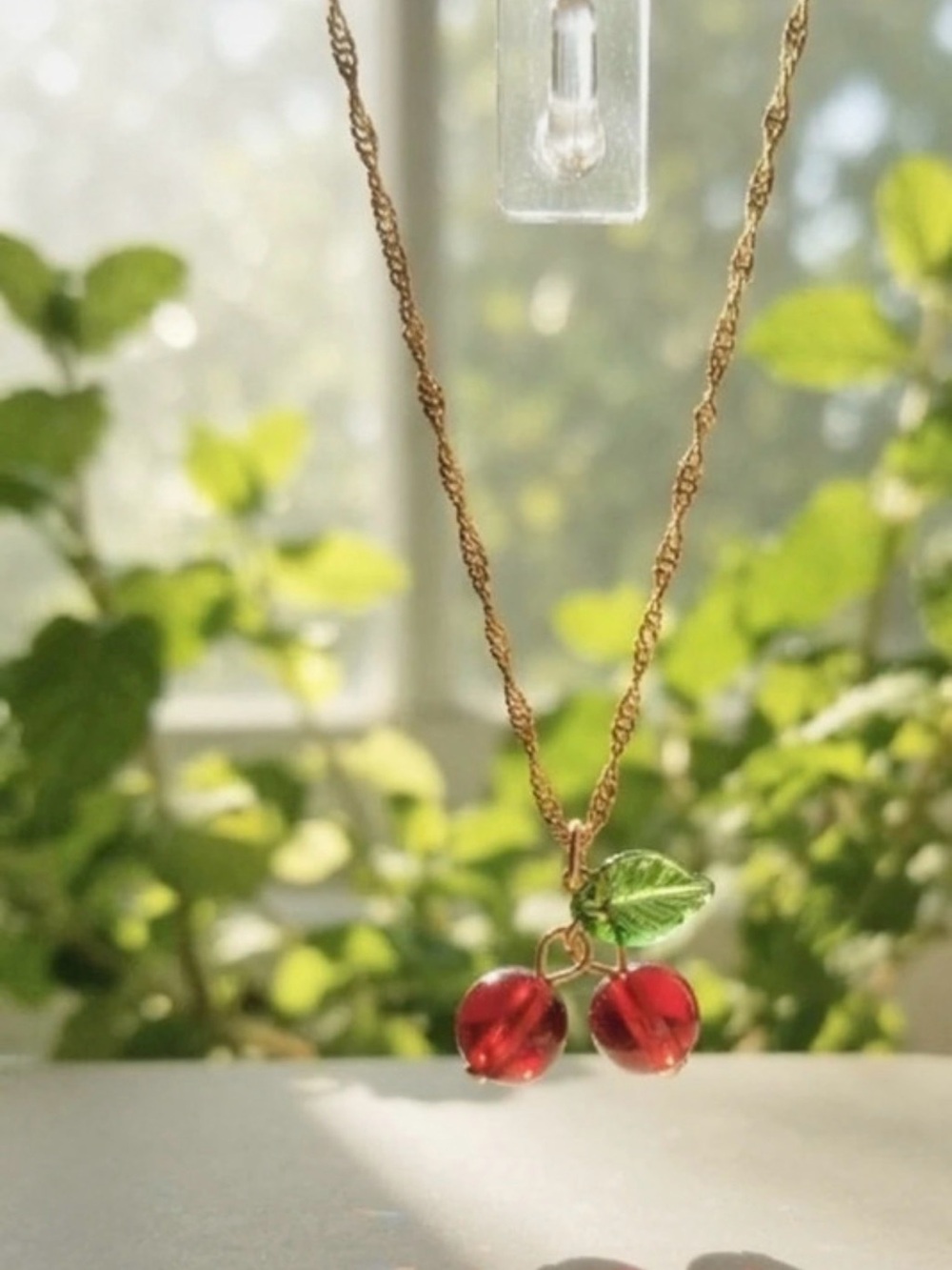 Gold Chain Cherry Pendant Necklace - Red Cherry with Green Leaf